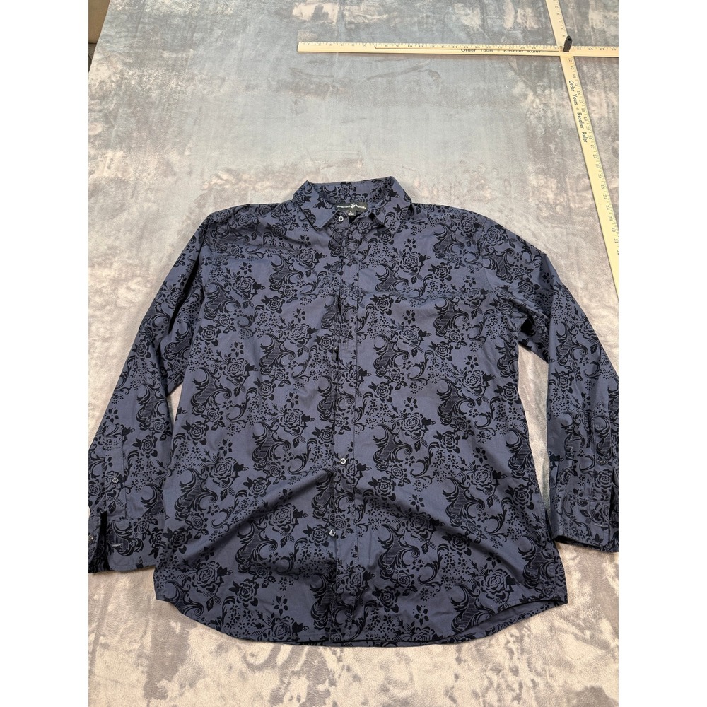 Beverly Hills Polo Club Men's L Navy Blue Black Floral Paisley Button Down Shirt